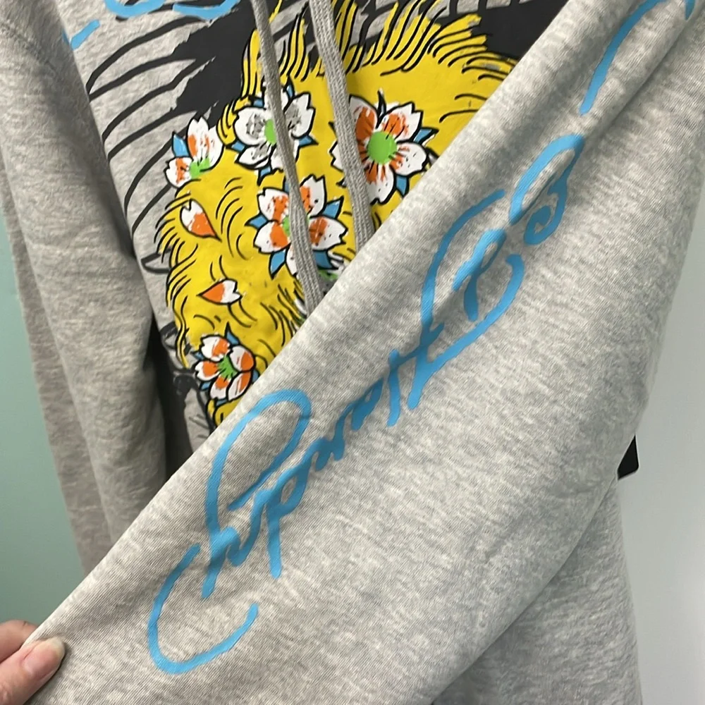 Ed Hardy Hoodie Size L Yellow Hair Skull Heather Grey Pullover Long Sleeve NEW